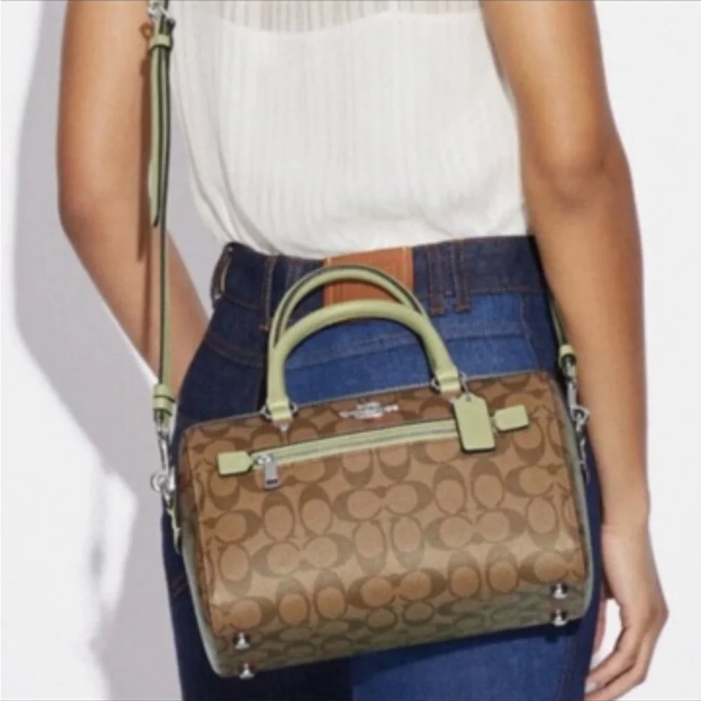 COACH  (83607) Rowan Khaki/Pale Lime Signature Medium Satchel Crossbody Handbag - Picture 4 of 16